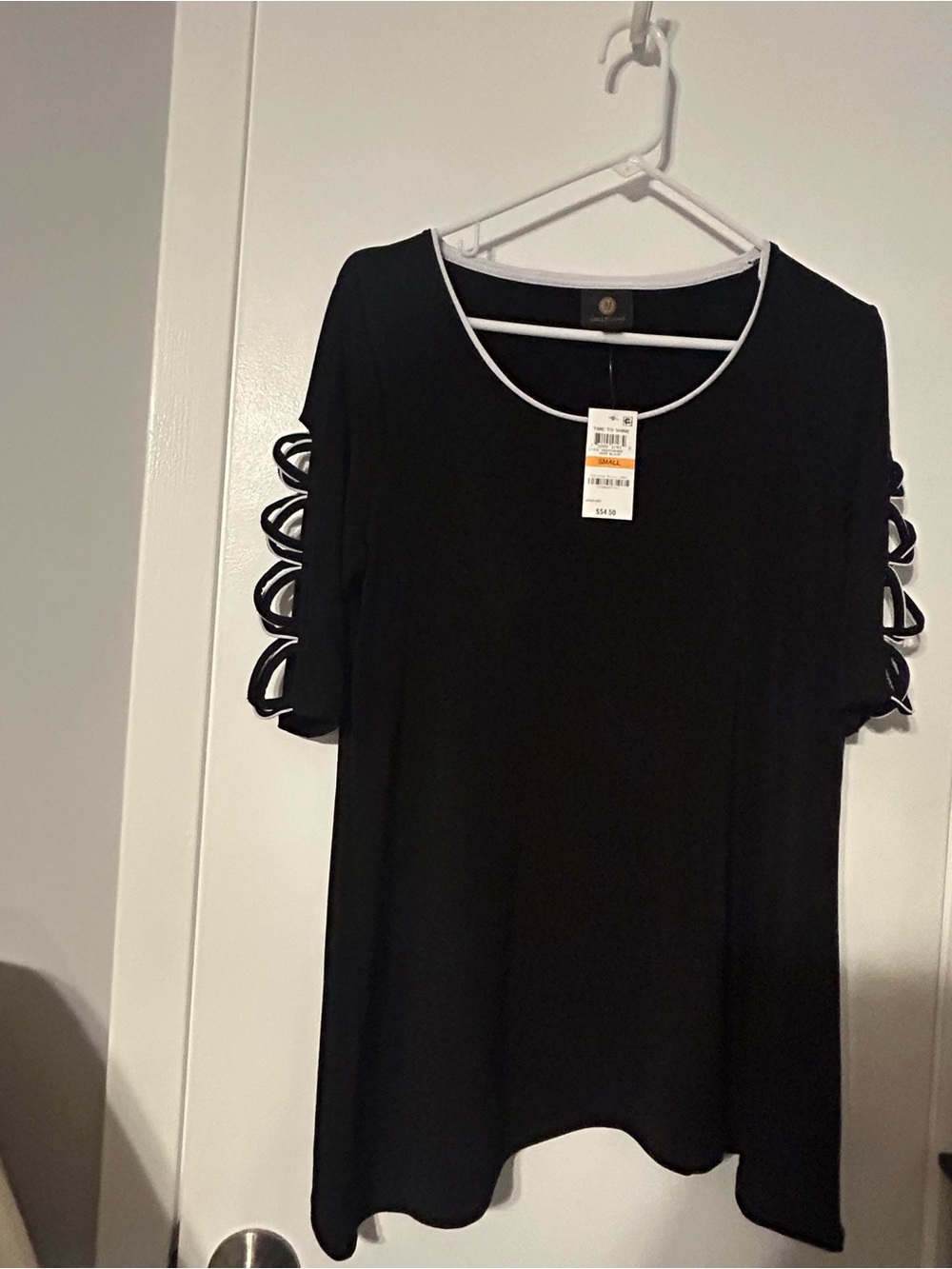 JM Collection Black Short-Sleeve Tunic with Loop Sleeve Detail and White Trim